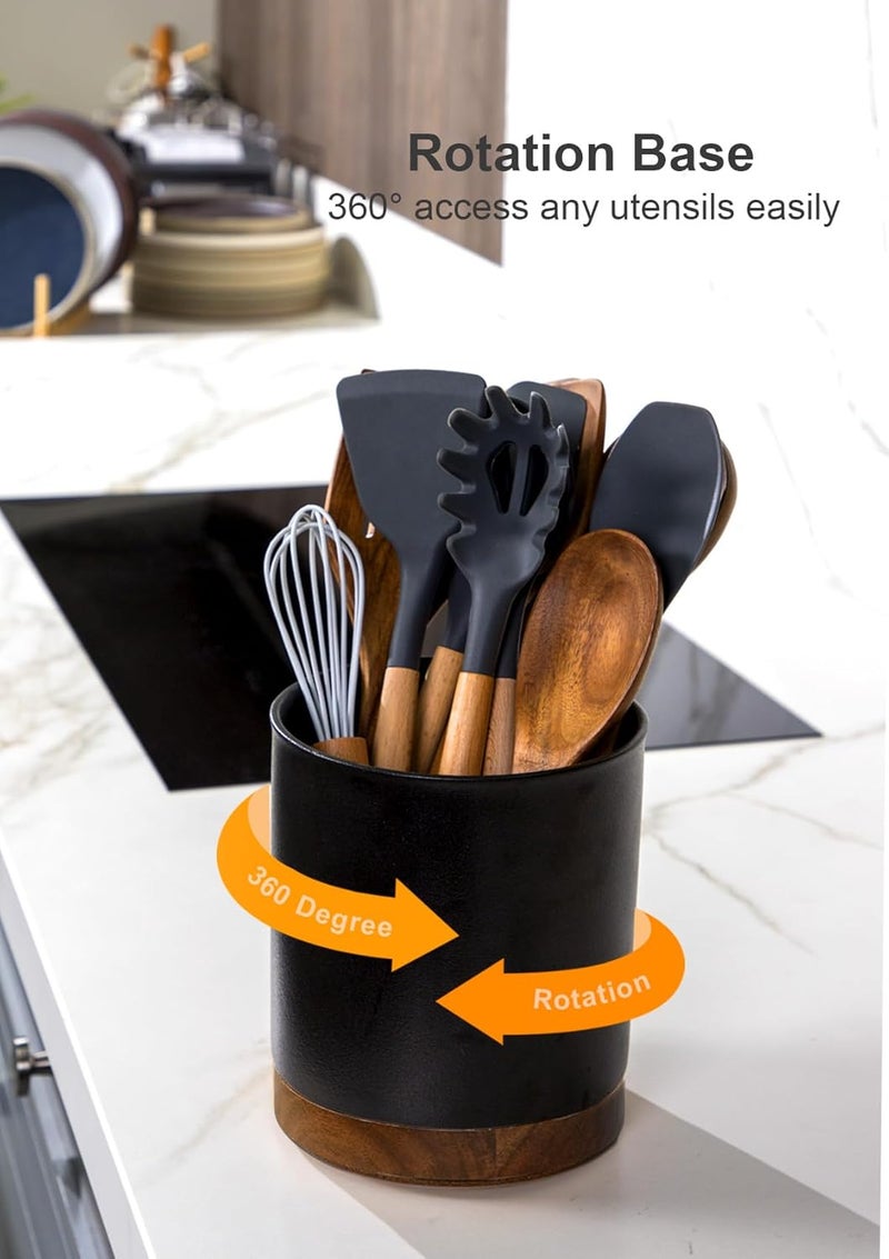 Nucookery 360°Rotating Utensil Holder, 7.2" Kitchen Utensil Crock, Ceramic Cooking Utensil Organizer with Countertop-Protection Cork Bottom for Farmhouse Kitchen Decor Christmas (Stone Black) - Image 5